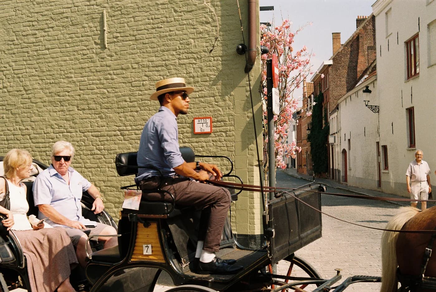 Horse-drawn carriage passing along a sunlit street